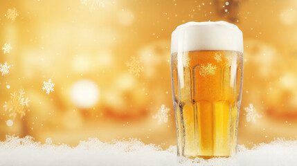 A glass of light beer on the snow with falling snowflakes on a golden background.