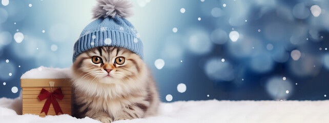 A fluffy kitten in a blue warm hat near a wooden gift box lies on the snow with falling snowflakes in the background. - obrazy, fototapety, plakaty