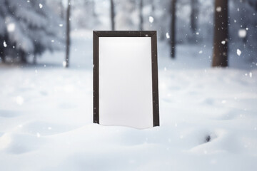 White empty frame or mirror in a snowdrift in a snowy park or forest. Free space for product placement or advertising text.