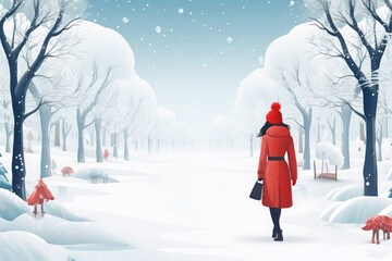 Illustration of a woman in a red coat walking in a winter snowy park. Free space for product placement or advertising text.