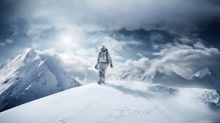 Naklejka na ściany i meble Climber in ski equipment on snowy peak mountains background.