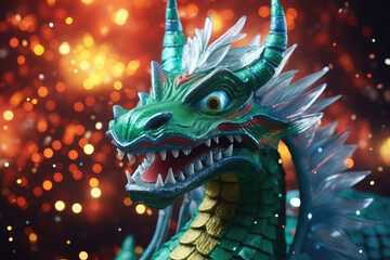 Portrait of a green dragon figurine on fireworks background. Symbol of the New Year.