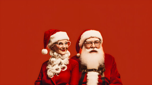 Santa Claus and Mrs. Claus on the red background