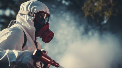 a Professional in a mask and white protective suit sprays toxic gas as part of a pest control service. Cleaning concept.