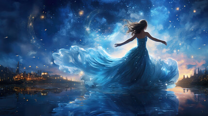 a dancing woman in the night with a long blue dress, impressionist artwork