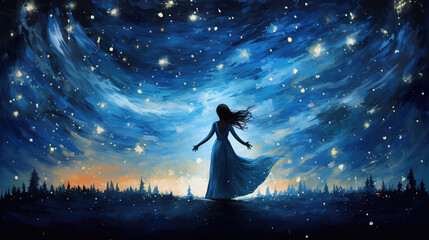 Fototapeta na wymiar beautiful magical star night with a dancing woman, impressionist painting style
