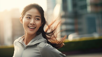 Obraz premium Young Asian woman is jogging outside