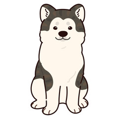 Simple and adorable outlined dark colored Akita Dog sitting in front view