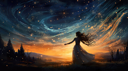 a dancing woman at night, magical stars around her in an impressionist style - obrazy, fototapety, plakaty