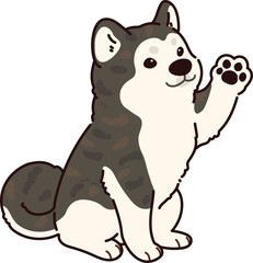 Simple and adorable outlined dark colored Akita Dog sitting and waving