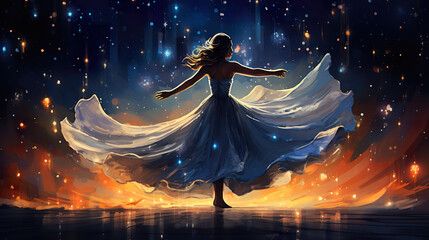 a impressionist inspired dancing woman at night, stars around her
