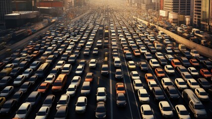 the bustling chaos of a rush-hour traffic jam, where countless cars navigate congested roads, the hectic energy of urban life.