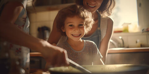 Close up portrait of cute boy with his mother in the kitchen,  cooking food together