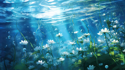 Fototapeta na wymiar beautiful flowers under water wallpaper design, sun shining through
