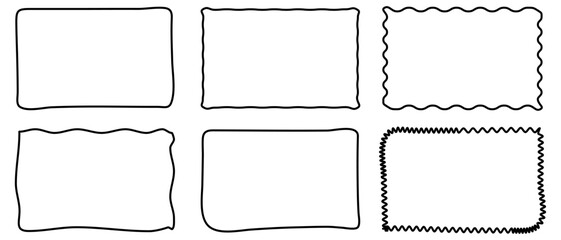 Rectangle doodle frame set. Collection of doodle hand drawn wavy curve deformed frames. Vector illustration isolated on white background