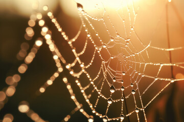 Cold dew condensing on a spiderweb with morning light rays in the background. Generative AI - obrazy, fototapety, plakaty