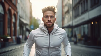 Fototapeta premium Young man is jogging outside