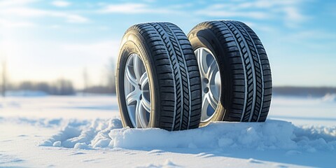 Closeup Reveals Four New Car Tires on a Frozen Pond, Ready to Tackle the Challenges of Winter Driving with Optimal Traction and Safety