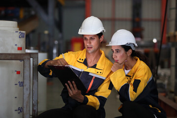 worker or engineer working in factory with safety uniform , safety hat and safety glasses , image is safety concept or happy workplace