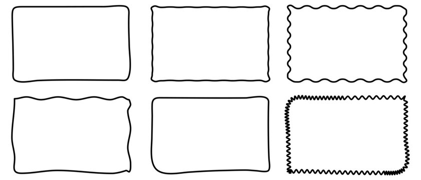 Rectangle doodle frame set. Collection of doodle hand drawn wavy curve deformed frames. Vector illustration isolated on white background
