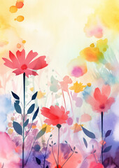 Fototapeta na wymiar watercolor illustration background of beautiful flowers in a very loose and handmade style, with bright gradients and loose watercolor washes.