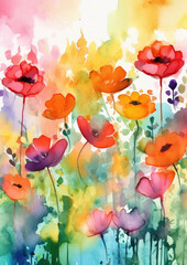 watercolor illustration background of beautiful flowers in a very loose and handmade style, with bright gradients and loose watercolor washes.