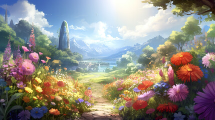 beautiful paradise inspired path into a garden full of flowers, anime design