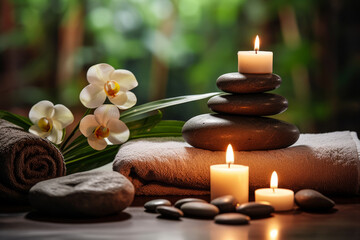 Massage stones with towels and candles in natural background. SPA concept. Generative AI