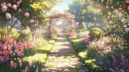a long path into a big flower garden with an archway, manga artwork