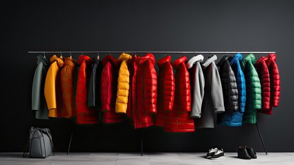 various warm jackets neatly arranged on a stylish rack within an elegant room interior. The juxtaposition of fashion and decor speaks to the essence of modern living.