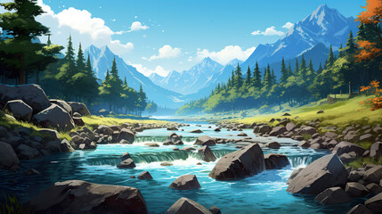 beautiful epic anime landscape scenery showing a river flows through mountains
