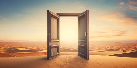 Open door in the desert with sand and sky background, Success concept, Threshold of Achievement, Transformation