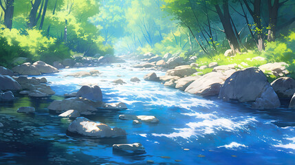 a flowing river artwork, anime manga style