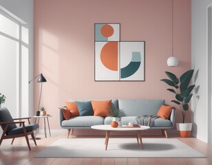 modern living room interior with sofa and lamp modern living room interior with sofa and lamp modern living room interior design with sofa, coffee cup, lamp, plant on the wall and floor background 3D 
