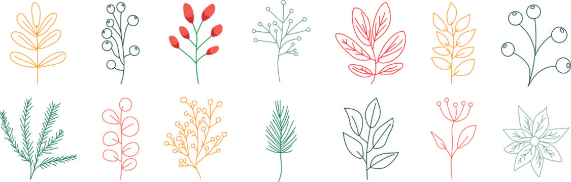 Set Of Hand Drawn Line Winter Botany Elements. Holiday Decoration. PNG