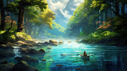 a beautiful stress less scenery showing a person in a small boat in a flowing river, anime manga artwork