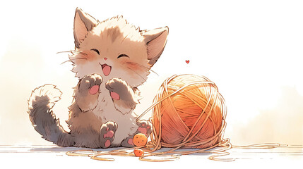 anime style of a cat playing with a wool ball