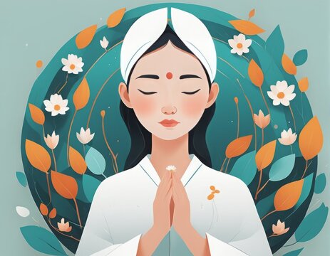 young woman praying in lotus position young woman praying in lotus position vector illustration of a young woman with a flower in hands