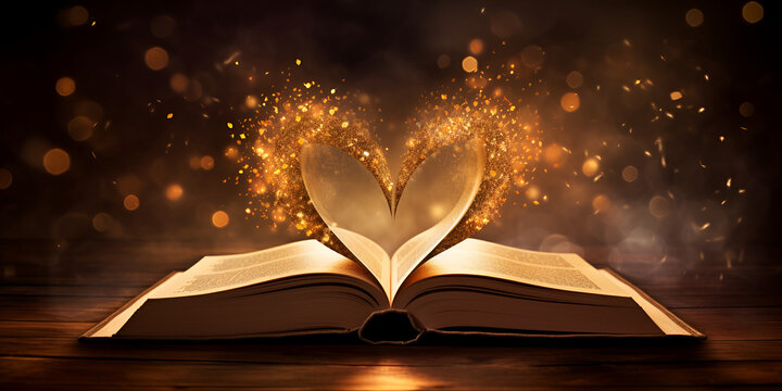 A dreamy image of an open book with glowing hearts radiating from its pages, open book with magic light. Generative AI 
