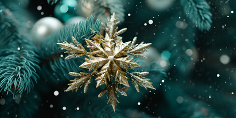 Fototapeta na wymiar metallic christmas Snowflake hanging on christmas Tree.Winter holidays background. Christmas tree decoration. Generatvie AI