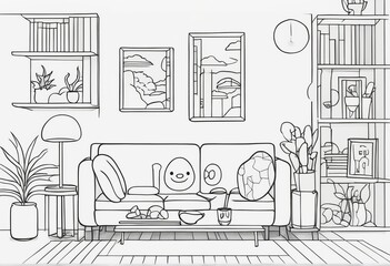 living room interior. vector illustration of modern furniture. living room interior. vector illustration of modern furniture. living room interior with sofa, sofa and shelves with sketch. modern furni