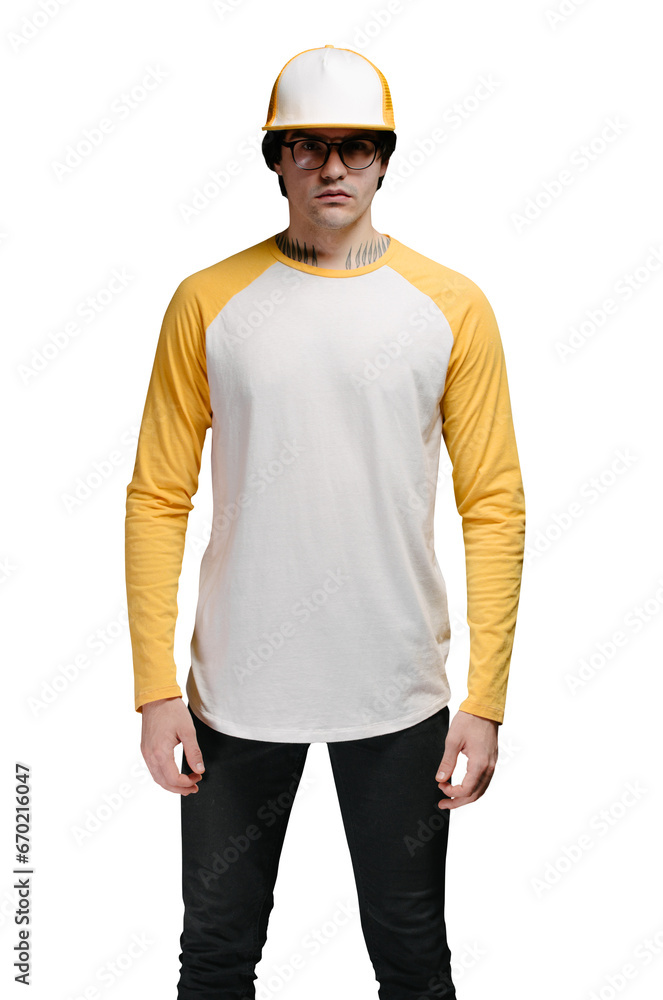 Wall mural Man model with beard wearing white and yellow blank Long Sleeve Shirt for mock up and a baseball cap with space for your logo or design - Wall murals