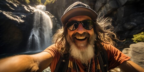 old man in a hat takes a selfie in nature. Travel theme. Generative AI
