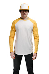 Man model with beard wearing white and yellow blank Long Sleeve Shirt for mock up and a baseball cap with space for your logo or design