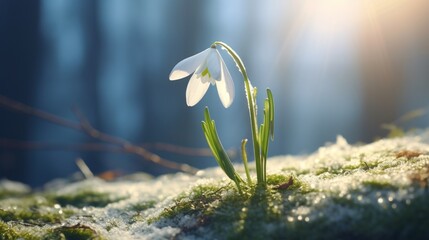 A sunlit snowdrop gently swaying in the breeze, with a backdrop of a frost-kissed forest.