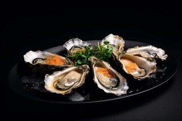 Cooked oysters on black plate and white background. Generative AI