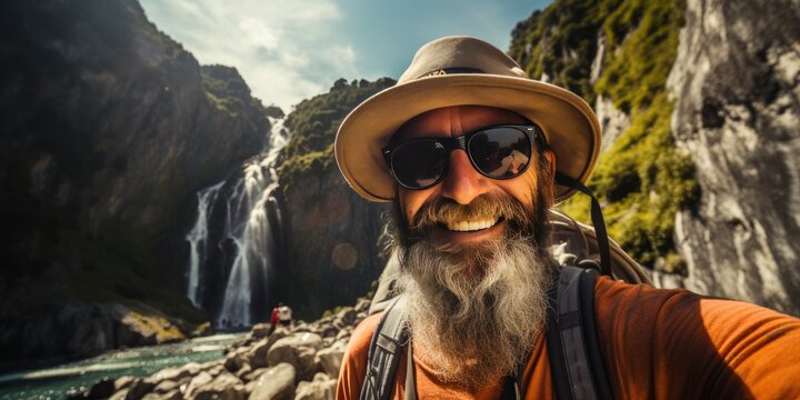 Happy man in a hat takes a selfie in nature. Travel theme. Generative AI