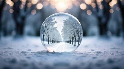 Fotobehang Glass ball, Snowball depicts an enchanting holiday scene inside, reminiscent of the magic of the season. © lililia