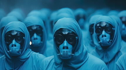 people in gas masks, blue background