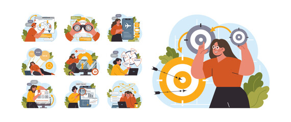 Hyperfocus set. Focus and concentration skill. Self-discipline and time management. Organization for performance efficiency. Flat vector illustration